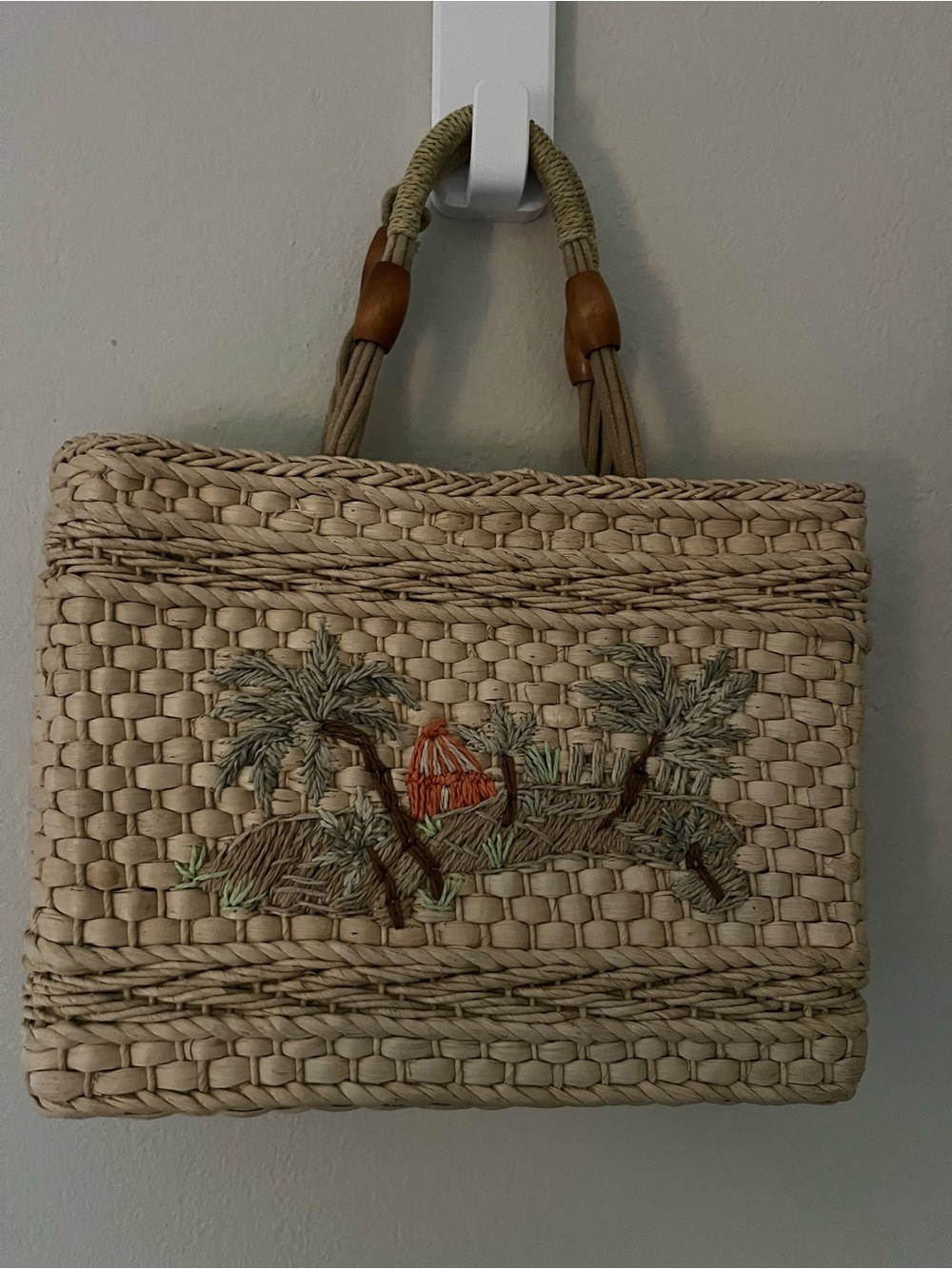 Vintage Fossil Woven Palm Embroidered Straw Tote Bag - Natural